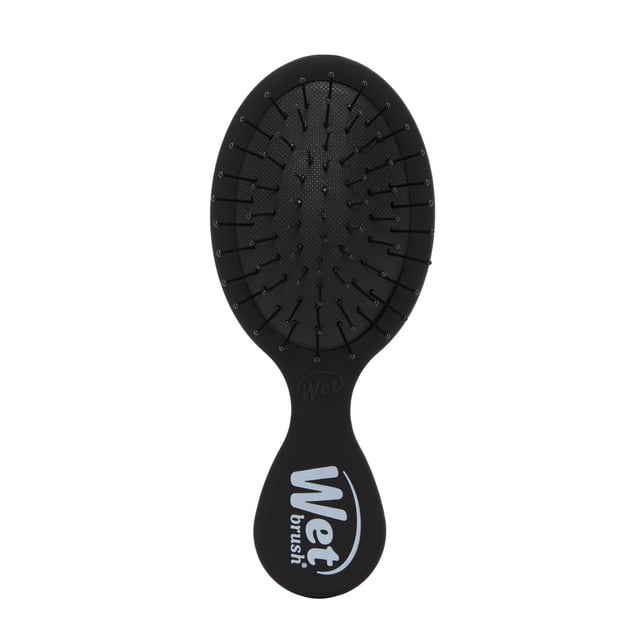 Wet Brush Mini Detangler Black - 1CT with compact oval shape and black IntelliFlex bristles on a black handle featuring the white Wet Brush logo, designed for gentle detangling to minimize hair breakage and suitable for travel or on-the-go use.