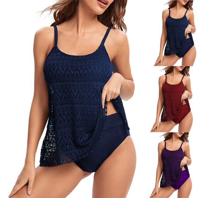 UPPADA Womens Two Piece Tankini Set Solid Spaghetti Straps Swimsuits with Brief Tummy Control Modest Bathing Suits Full Coverage 2 Piece Beachwear Womens Tankinis Swimsuits Dark Blue,L