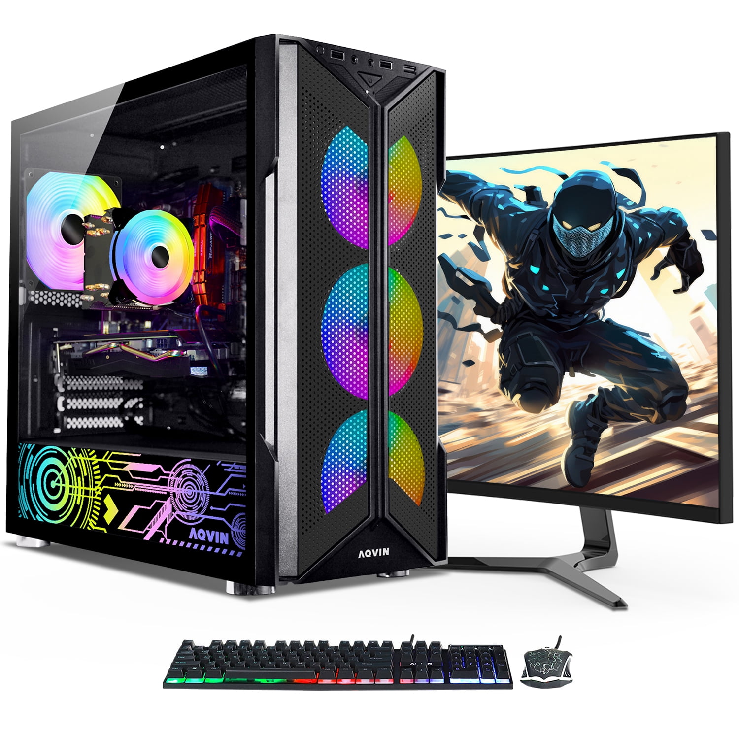 AQVIN Gaming Desktop PC Tower Computer -RTX 3050 6GB GDDR6 Video Card (HDMI), Hexa Core i7 Processor Upto 4.6Ghz, 32GB DDR4 RAM 1TB SSD Storage, 24 inch Gaming Monitor,RGB Fans, Windows 11 Pro-Black