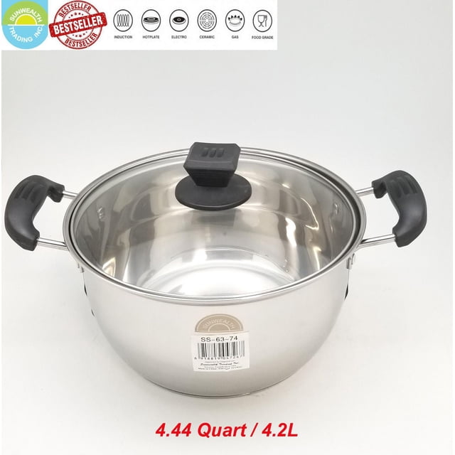 Sunwealth Casserole à Soupe pour induction en Acier Inoxydable de 4,44 Pintes avec Couvercle en Verre 21,5 X 12 cm, Corps en Acier Inoxydable Poli avec Poignées Noires Résistantes à la Chaleur des Deux Côtés et Bouton de Couvercle, compatible avec les Cuisinières à induction, au Gaz, Électriques, en Céramique et Halogènes, Conçue pour une Répartition Uniforme de la Chaleur et un Nettoyage Facile, Idéale pour Cuire des Soupes, des Ragoûts, Faire Bouillir des Pâtes, Blanchir des Légumes et Chauffer du Lait Ou des Fèves au Lard.
