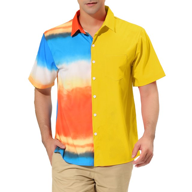 INSPIRE CHIC Men's Printed Button Down Short Sleeve Pocket Patchwork Shirts S Yellow