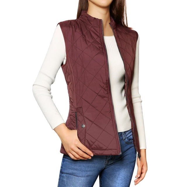 INSPIRE CHIC Gilet Matelassé Rembourré pour Femme à Fermeture Éclair devant avec Poches Rouge Vin m (US 10)