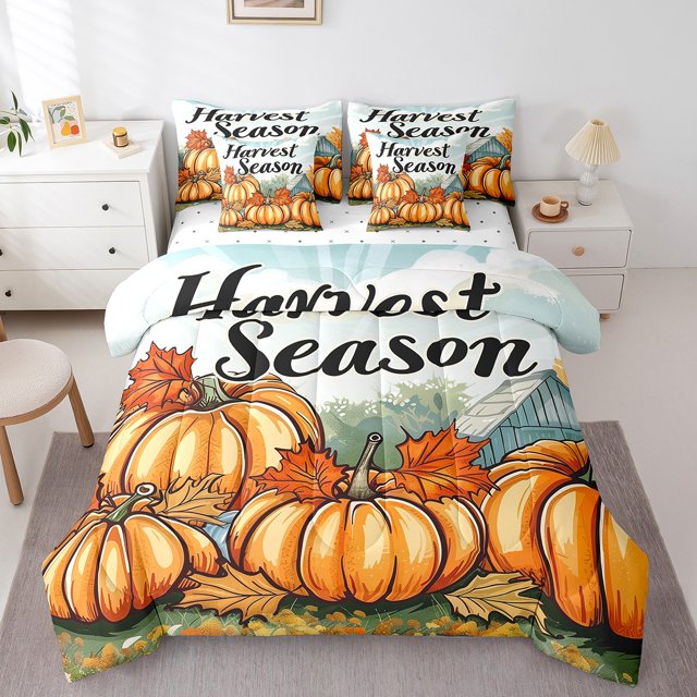 Ensembles de Literie Citrouille Dessin Animé 7 Pcs pour Enfants Garçons Filles, Ensemble de Douillette Citrouille Feuille d'Automne Format Simple, Ensembles de Douillette Saison des Récoltes, Style Rustique de Ferme, Lit Tout-en-un, Accessoires de Literie Vintage Lodge