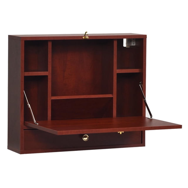 Giantex Wall Mounted Desk, Multi-Function Floating Desk w/Storage Drawer & Shelves, Wall Mounted Computer Desk for Home & Office, Brown