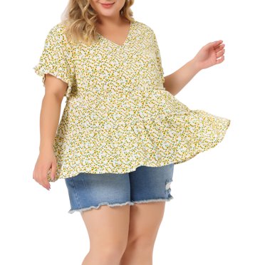 Agnes Orinda Women's Plus Size Top Boho Floral V Neck Ruffle Sleeves Tiered Babydoll Blouses 1X Beige