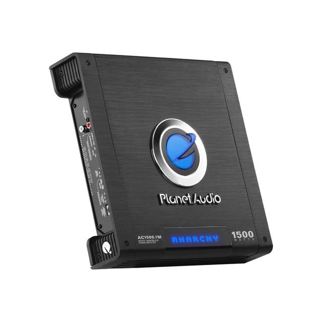Planet Audio AC15001M 1500 Watt Monoblock A/B Car Audio Amplifier with Remote. Features a black finish, blue illuminated logo, and 'Anarchy' branding. Includes high and low-level inputs, variable bass boost, and a MOSFET power supply. Dimensions: 10 x 10 x 2.1875 inches, weight: 6.8 lbs.