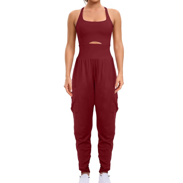 RXIRUCGD Womens Running Onesie Workout Rompers Outfits Exercise Jumpsuits Gym Yoga, Wine, Size: S