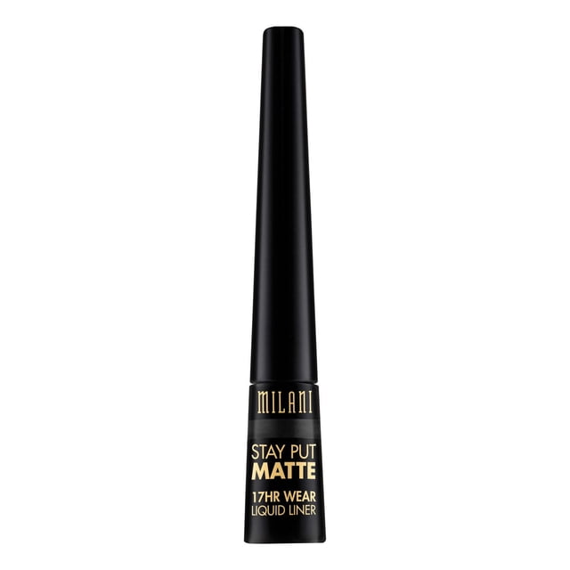 Milani Stay Put® Matte Liquid Liner in black with a slim black tube and gold text highlighting 17-hour wear, matte finish, and quick-drying, sweat-resistant formula, featuring an ultra-thin felt tip for precise, long-lasting eye makeup application.