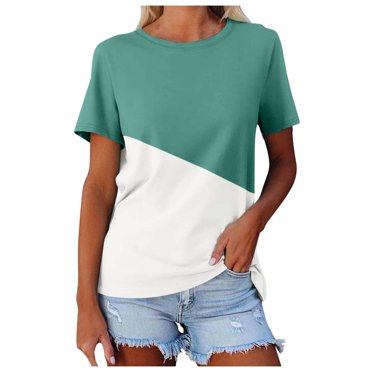 TSADFHJI Hauts d'Entraînement pour Femmes Courts T-Shirt à Blocs de Couleur pour Femme Col Rond Ample Décontracté Manches Courtes G Vert