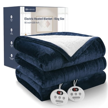MARNUR Electric Heated Blanket King Size 90''x100'', Fast Heating with Dual Controllers, 10 Heating Levels, 10H Timers, Preheat Function - Dark Blue