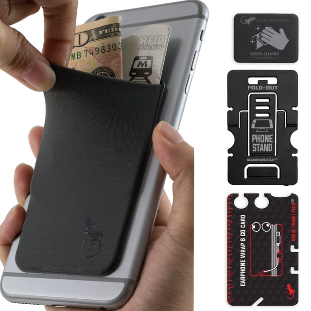 Mobile Phone Wallet, Smartphone - Credit Card Holder & Adhesive Wallet in dark gray, shown attached to the back of a smartphone. The wallet is made of durable Lycra material and features a security strap for added protection, holding cash and an RFID-blocking card. Additional items in the set include a fold-out phone stand, an earphone untangler, an RFID card sleeve, and a microfiber screen cleaner. Designed to securely hold 2-3 cards and cash, it uses advanced PU Gel adhesive for compatibility with various phone surfaces, including glass.