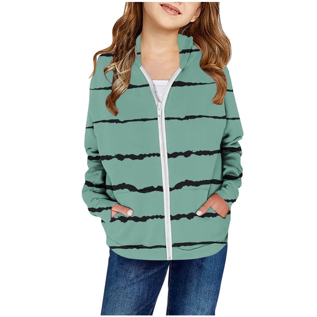 FAOWME Chandail en Molleton à Capuche avec Poche Zippée Imprimé Automne pour Filles Vert 5-6 Ans