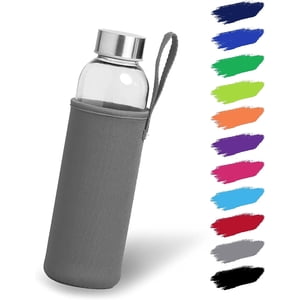 Glass bottle 1l with neoprene cover | Glass drinking bottle in 500ml with protective cover and stainless steel lid | Water bottle for sports, office, school & outdoor | Dark blue