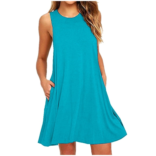 Penkiiy Robes d'Été pour Femmes 2024 Décontractées Col Rond Amples Robes d'Été Boho Florales Grande Taille Ligne A Robe de Plage m Bleu Ciel