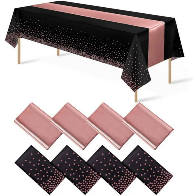 1 Pack Plastic Table Cloth Cover + 1 Pack Satin Table Runner for Parties Disposable Tablecloth for Rectangle Tables Birthday Wedding Graduation Mather Valentine‘s Day Christmas Party Su