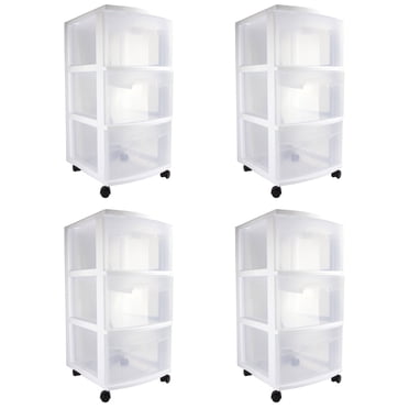 Sterilite 3 Drawer Storage Cart, Plastic Rolling Organizer with Wheels, 4 Pack