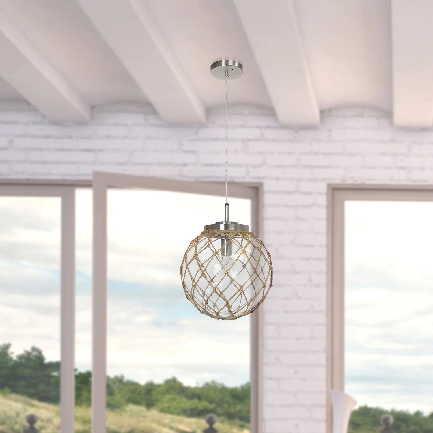 Elegant Designs Buoy Netted Brushed Nickel Coastal Ocean Sea Glass Pendant with Natural Rope