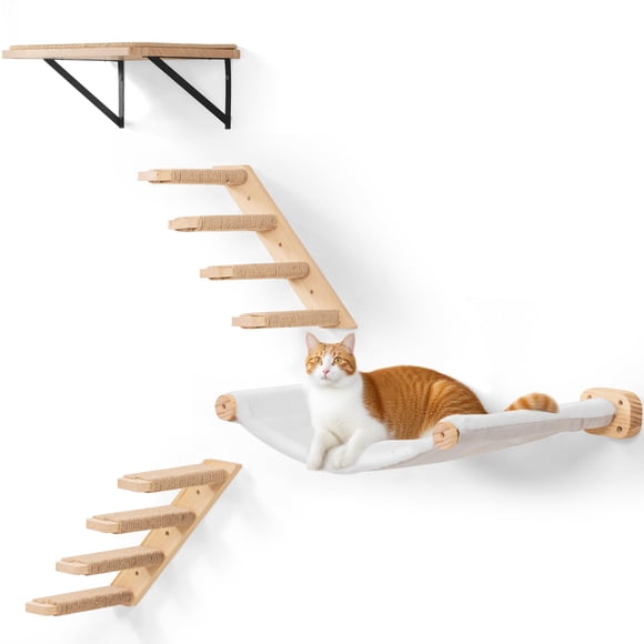Cat Wall Shelves with 1 Floating Fabric Hammock, 2 Ladders with 4 Steps Each & 1 Flat Cat Shelf, Wall Mounted Bed Furniture & Climber, Indoor Playgro