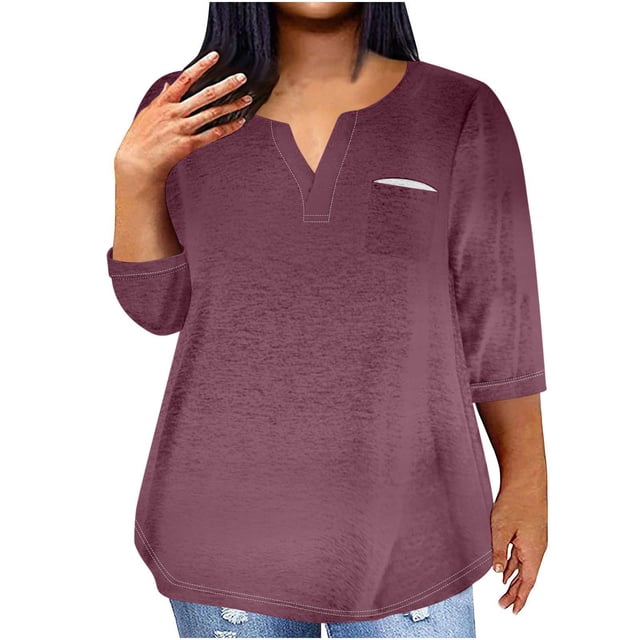 QIPOPIQ Plus-Size Tops for Women Summer V Neck T Shirts Color Block Raglan Tees Clearance