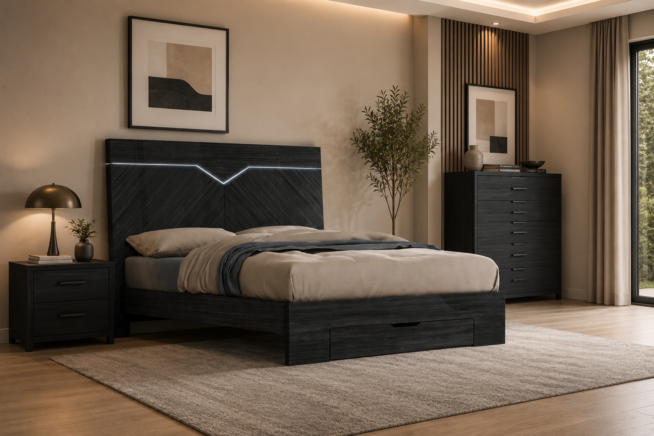K-Living Stark King Size Bed for Adults, Angley Grey Lacquer Finish with Accent LED Lights