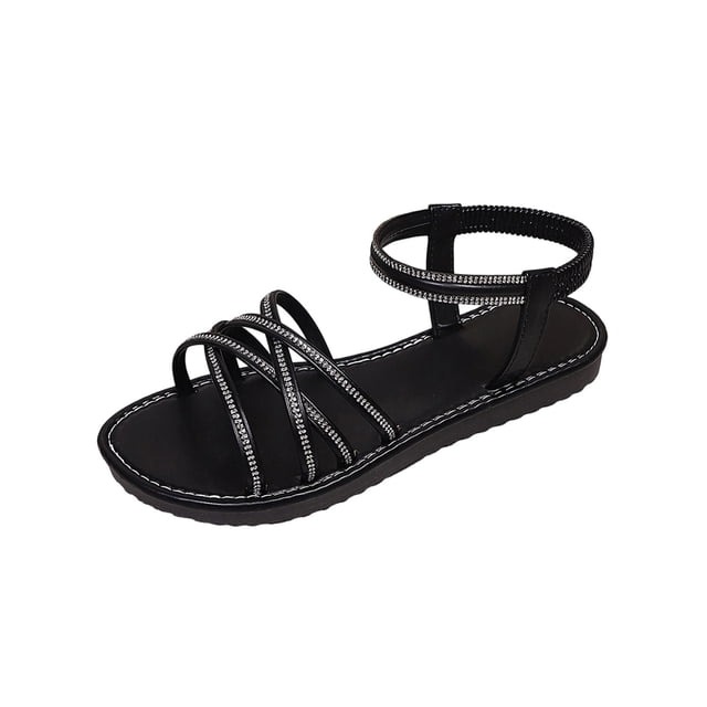FRSASU Women's Rhinestone Flat Sandals Glitter Open Toe Sparkly Summers Dressy Beach Slides Shoses Black