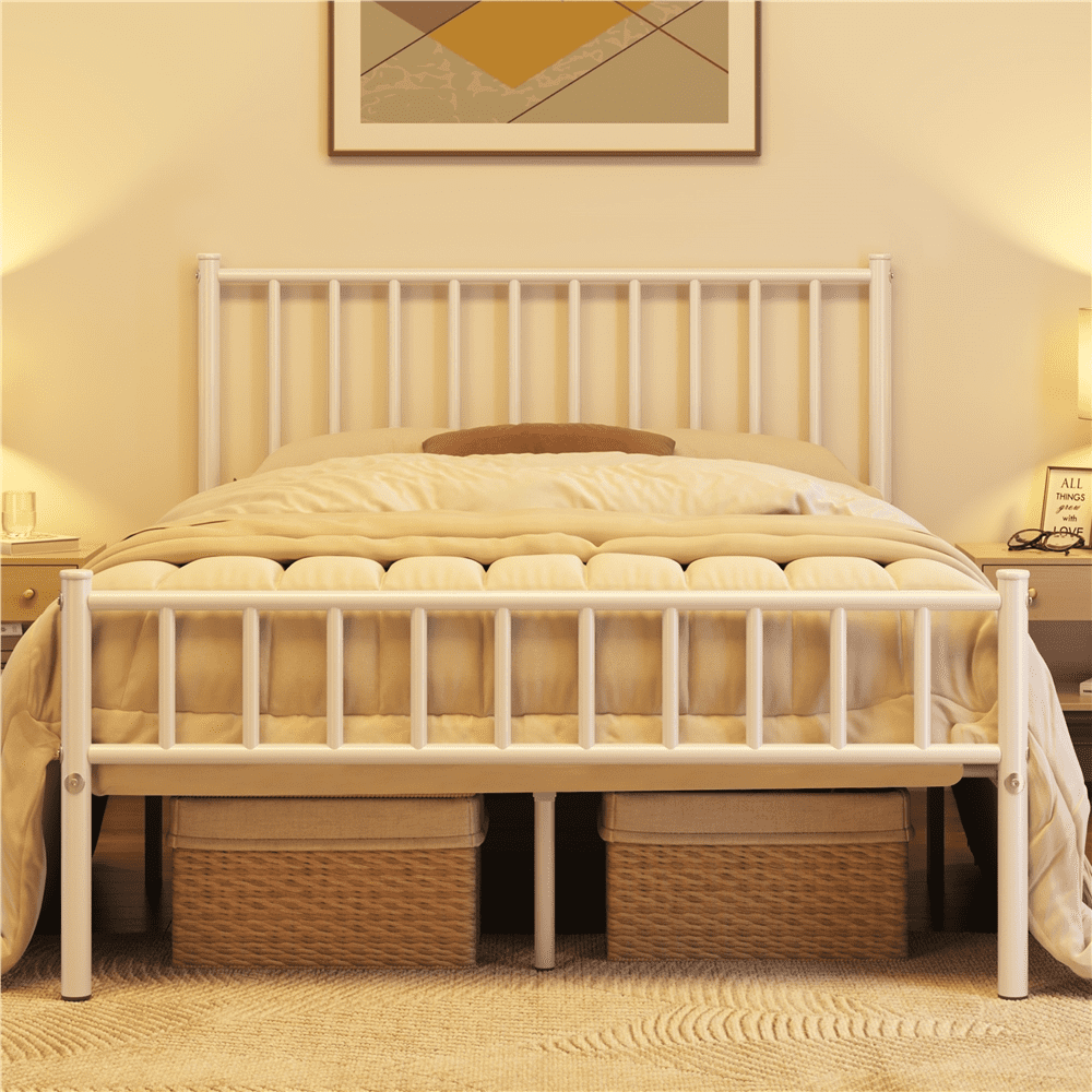Fullfurnique Minimalist Metal Bed Frame with Vertical Bar Headboard and Footboard, Queen, White
