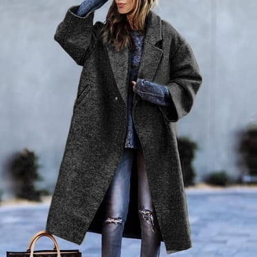 WRKEKC Women's Beltless Wool Blend Coat Notch Lapel Relaxed Fit Long Trench Office Ready Fall Winter Timeless Outerwear Black M