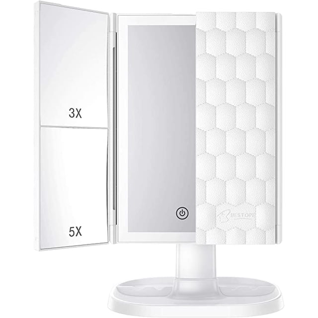 BESTOPE Miroir de Maquillage avec 3 Modes d'Éclairage, 72 LED Trifold avec Écran Tactile Luminosité Réglable, Grossissement 3X 5X, Rotation à 360 Degrés, Miroir de Maquillage Lumineux