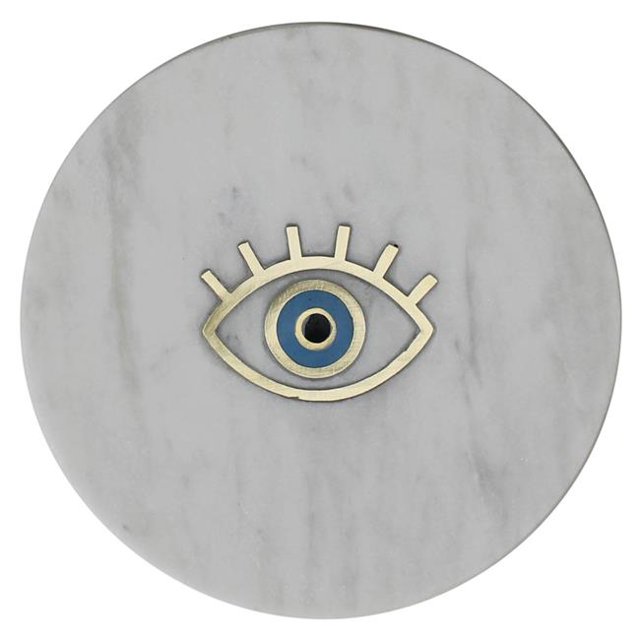 Benjara BM239875 Marble Tray with Round Shape & Eye Inlaid Accent, White