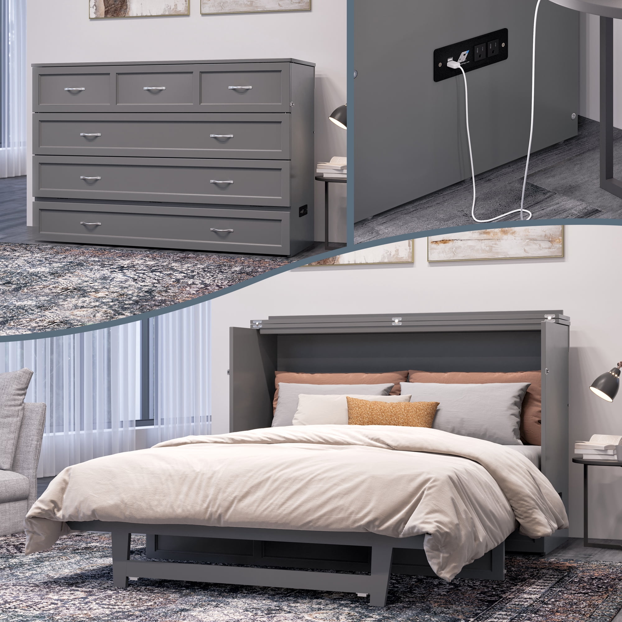 Northfield Lit Escamotable Moderne en Bois Massif Format Grand avec Matelas, Gris