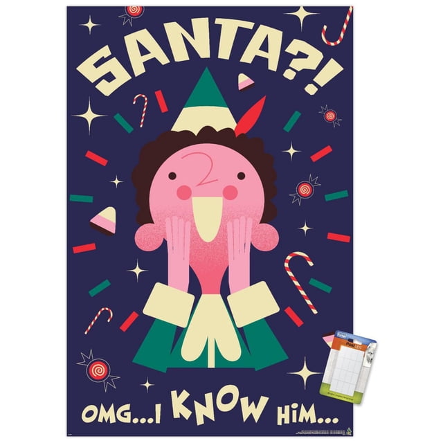Elf - Affiche Murale « I Know Him », 14,725 Po x 22,375 Po Encadrée Mettant en Vedette un Elf de Dessin Animé Orienté vers l'Avant avec un Visage Rose, des Cheveux Bruns Bouclés, Tenue Verte et Crème, et un Chapeau Vert avec une Plume Rouge sur un Fond Bleu Foncé Décoré de Cannes de Bonbon, d'Étoiles et de Bonbons, avec Texte Audacieux « Santa?! OMG... I Know Him... » Idéal pour la Déco festive de la Maison