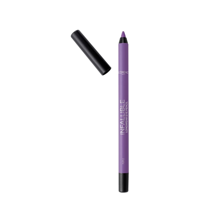 L'Oréal Paris Infallible Pro-Last Waterproof Pencil Eyeliner in purple with black cap removed, showing sharpened tip, delivering longwear, smudge-resistant, waterproof colour ideal for waterline and lash line use with up to 24-hour wear.