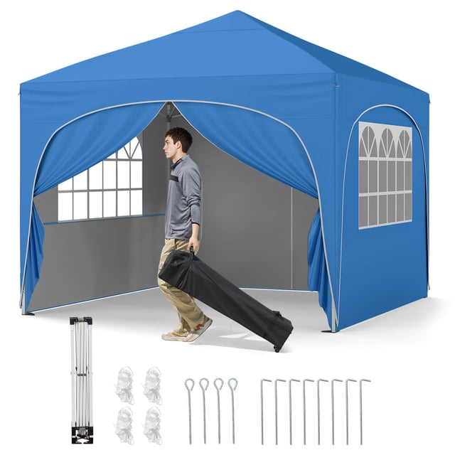 Costway Abri à Déploiement Rapide 10 X 10 Pi Bleu avec Parois Latérales Détachables, Porte à Fermeture Éclair et Deux Fenêtres. Comprend un Sac de Rangement à Roulettes, des Piquets Métalliques, des Ancres, des Cordes Coupe-Vent et des Sacs de Sable pour la Stabilité. Fabriqué en Tissu oxford Résistant aux Déchirures avec Revêtement Argenté pour protection Solaire UPF50+ et Résistance à la Pluie Légère. Réglable à Trois Hauteurs et Convient aux Événements Extérieurs comme les Fêtes, les Mariages et les Rassemblements Commerciaux. Pare-Soleil Portable Idéal pour des applications Multi-Scènes.
