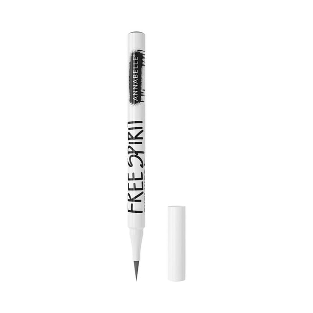 Annabelle Free Spirit Liquid Eyeliner with a white cylindrical body and black text, featuring a flexible skinny felt tip for precise, long-lasting, smudgeproof application, shown uncapped with the cap beside it on a white background.
