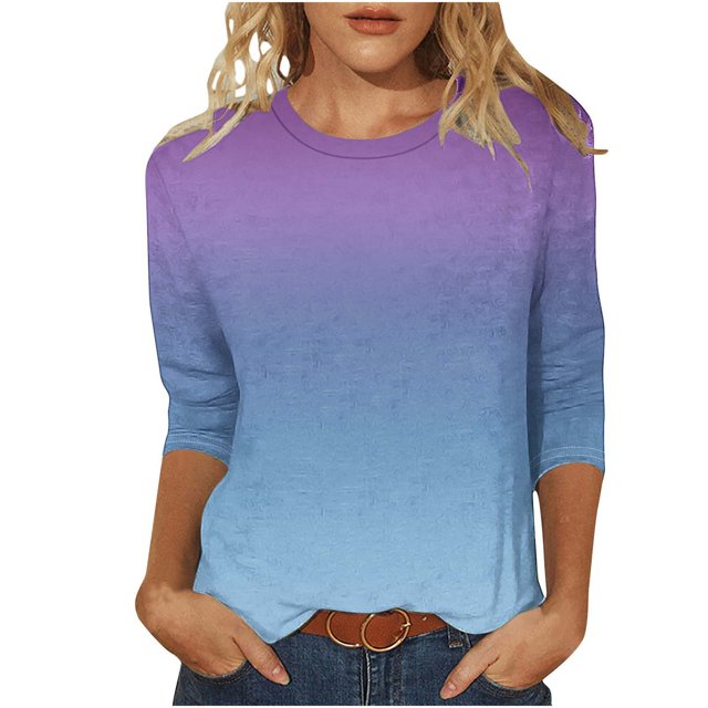VSSSJ Hauts à Manches 3/4 pour Femmes Décontractés Tendance à Imprimé Dégradé Manches Raglan Col Ras du Cou Coupe Décontractée Tunique T-Shirt Respirant Bleu Marine G