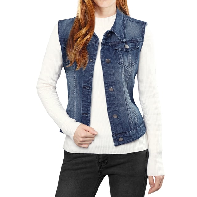 INSPIRE CHIC Women's Washed Chest Flap Pockets Single Breasted Denim Vest. This sleeveless jean jacket features a turn-down collar, single-breasted button closure, and double flap chest pockets. Made from lightweight, breathable denim with a washed finish, it offers a relaxed fit and vintage punk vibe. Shown worn over a white ribbed long-sleeve top with black jeans. Ideal for travel, outdoor activities, or casual lounging.