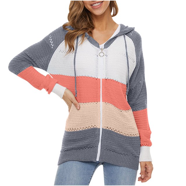 Cardigans d'Automne pour Femmes 2022 Mode à Rayures à Blocs de Couleur Cardigan Tricoté à Manches Longues Manteau Chandail à Capuche Orange P