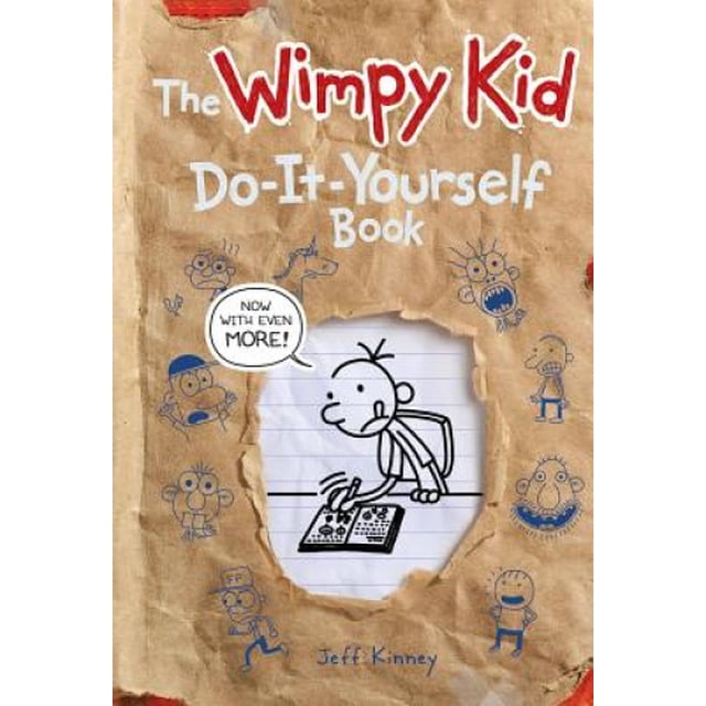The Wimpy Kid Do-It-Yourself Book cover with a torn brown paper design revealing a black-and-white cartoon of the main character drawing in a notebook, surrounded by small blue doodles, authored by Jeff Kinney, ideal for juvenile fiction readers seeking interactive creative activities.