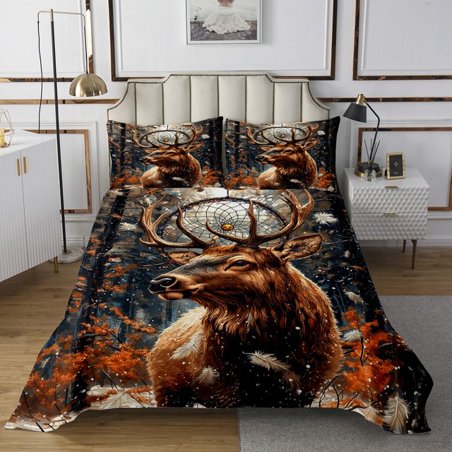 Ensemble de Courtepointe Renne Attrape-Rêves Ensemble Couvre-Lit King, Ensemble de Couvre-Lit Plume Boho Animaux de la Forêt Matelassés, Décor Bohème Exotique