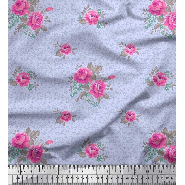 Soimoi Tissu Popeline de Coton Imprimé Tourbillon, Feuilles & Roses au Mètre 42 Pouces de Large