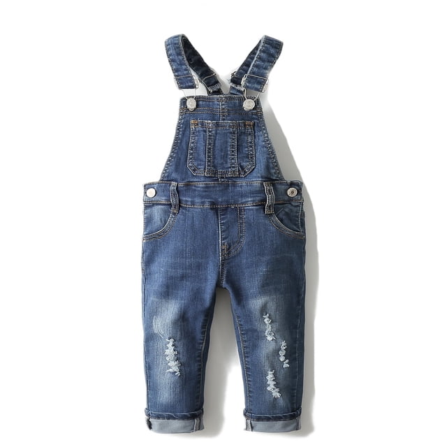 KIDSCOOL SPACE Salopette en Jean Moulant Déchiré pour Petite Fille Ou Petit Garçon, Bleu Foncé, 6 à 12 Mois