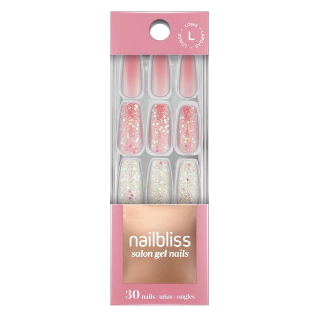 DASHING DIVA - GEL NAIL - CINNAMON ROLLS with 30 large professional gel nails in solid pink and glittery pink and white designs, chip resistant and waterproof, packaged in a pink box with clear window and nailbliss salon gel nails branding.