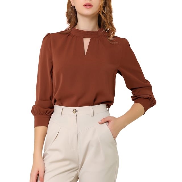 INSPIRE CHIC Women's Keyhole Stand Collar Pleated Back Button Blouse Tops