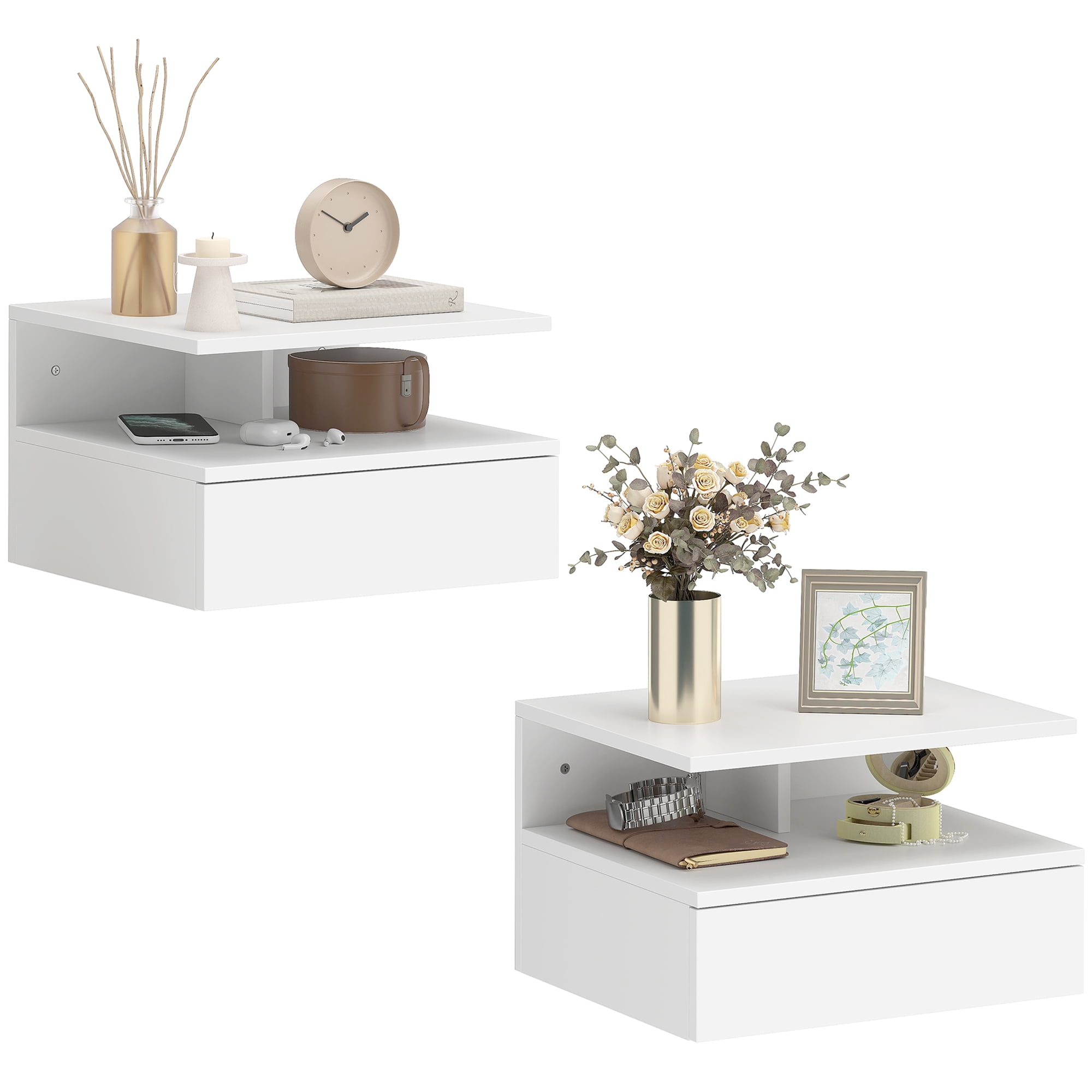 HOMCOM Floating Nightstand Set of 2, Bedside Table with Drawer and Shelf