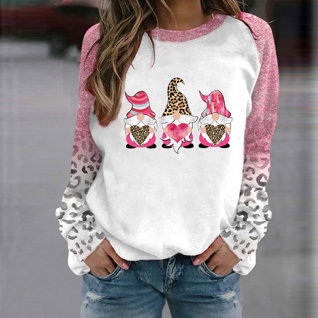 Qertyioot T-Shirt Graphique pour Femmes de la Saint-Valentin à Manches Longues, Blouse Imprimée à Col Rond, Tunique Décontractée