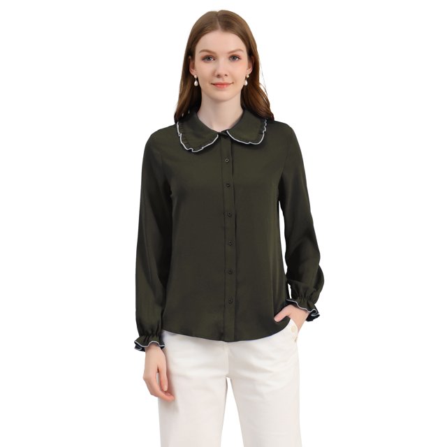 INSPIRE CHIC Chemises de Travail pour Femmes à Volants Doux Col Peter Pan Boutonnées m Vert Armée