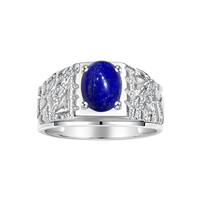 RYLOS Men's Rings Sterling Silver Designer Nugget Ring Oval 9X7MM Gemstone & Diamonds Lapis Lazuli September Birthstone Rings For Man Size 11
