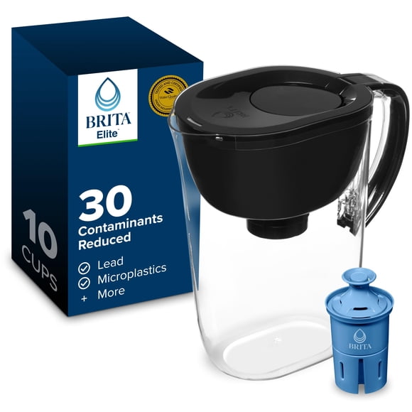 Brita 10 Cup Elite Filter Pitcher with Smart Light Indicator, Reduces 30+ Contaminants including Lead and Microplastics, Filter lasts 6 months, Tahoe, Black