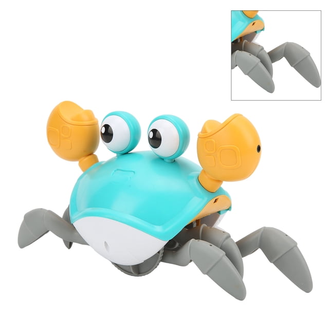 LYUMO Crab Crawling Toy, a turquoise and yellow interactive crab toy with large eyes and grey legs. Features include music, lights, and obstacle avoidance. USB rechargeable with a 3.7V lithium battery, suitable for toddlers aged 3 and up. Approximate size is 23x14cm (9.1x5.5in).