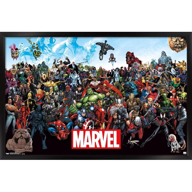 Marvel Comics - The Marvel Lineup Wall Poster, 22.375" x 34" featuring a vibrant collage of Marvel superheroes and villains including Spider-Man, Hulk, Thor, Captain America, Iron Man, Black Panther, Groot, and Rocket Raccoon on a black background with the red and white Marvel logo at the bottom, printed on glossy satin finish paper ideal for decorating bedrooms, offices, dorms, or themed parties.